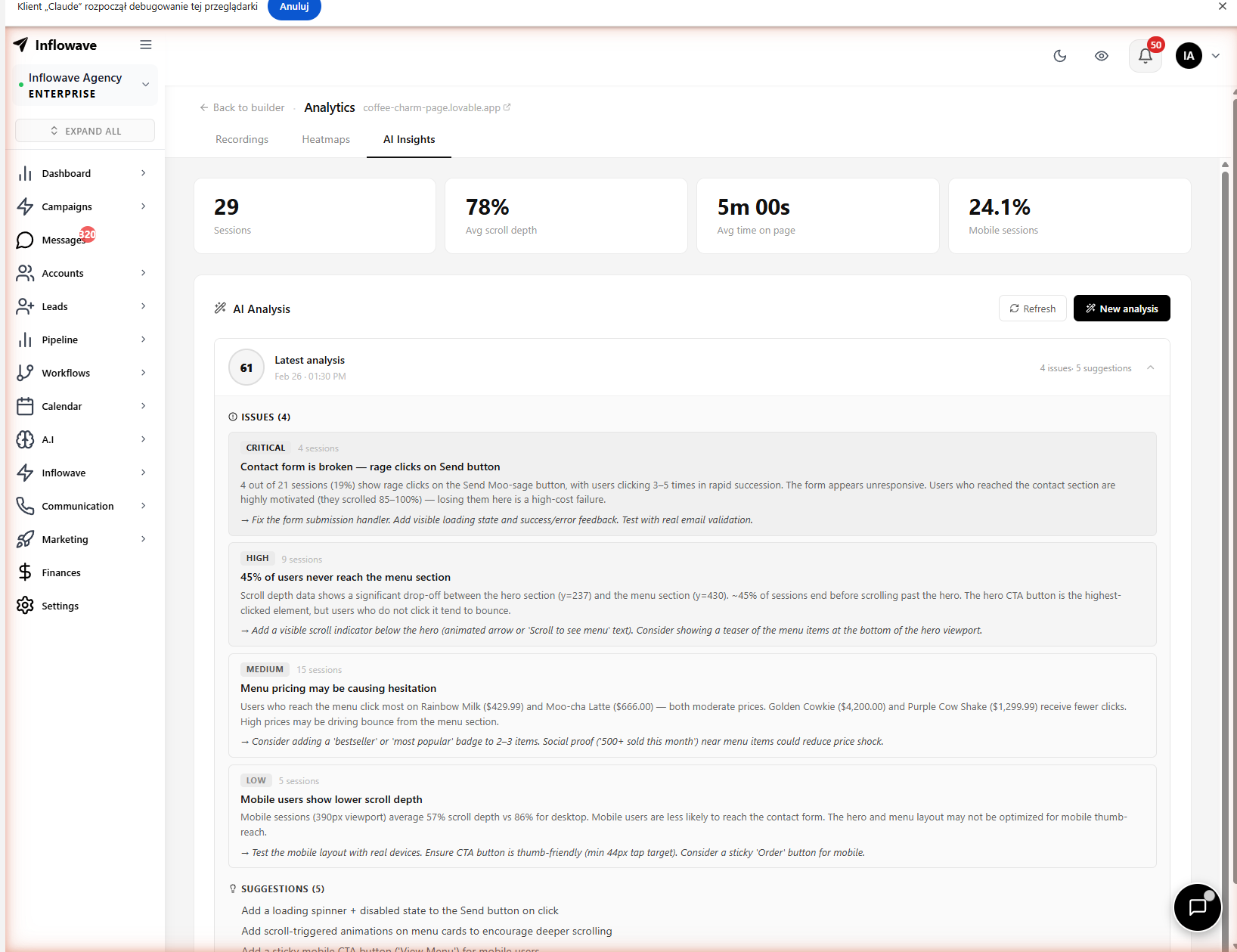 Inflowave AI insights showing actionable optimization suggestions