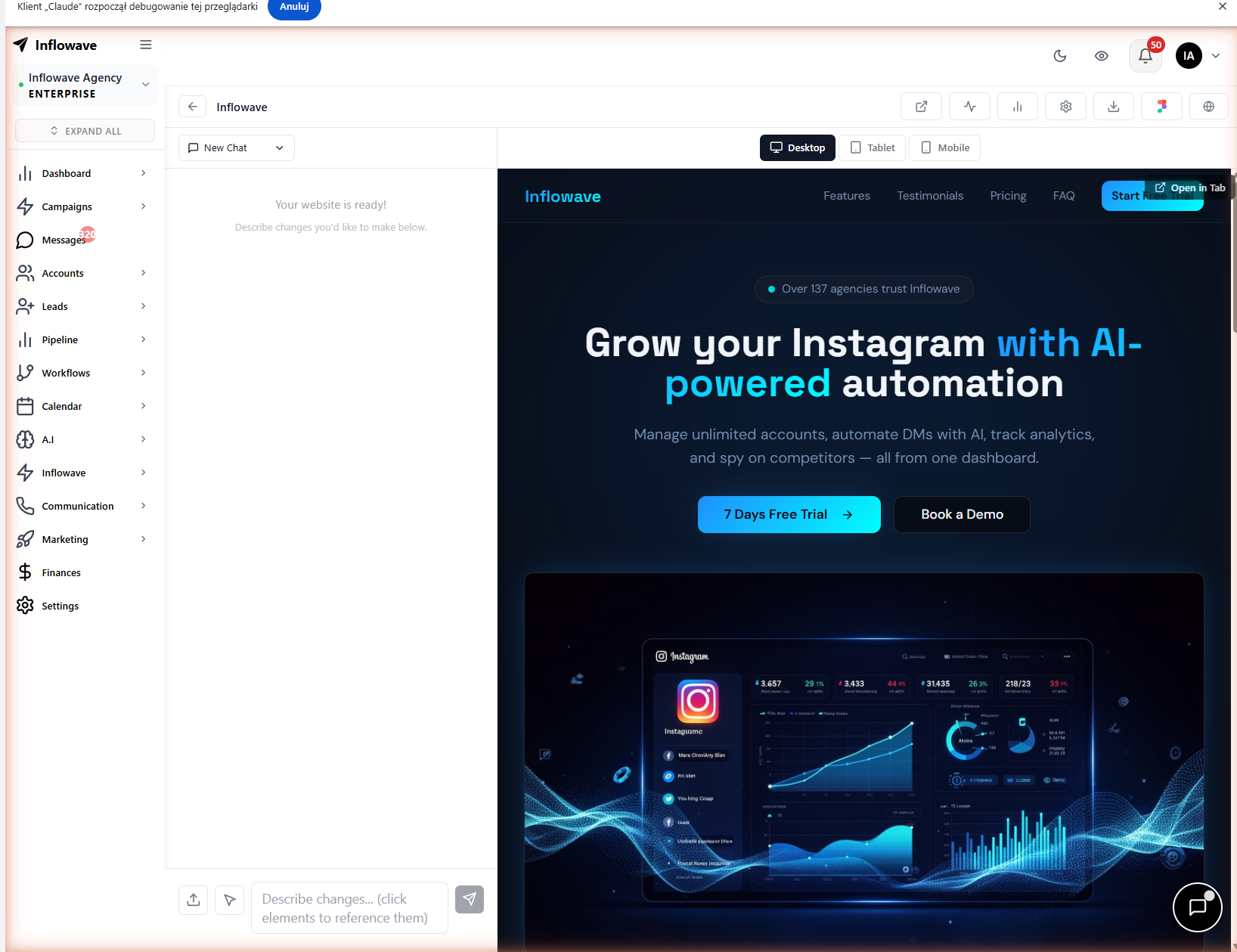 Inflowave AI website builder chat interface for generating landing pages