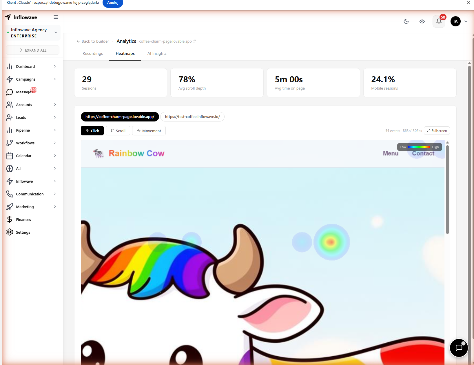 Inflowave website heatmap showing real click patterns across landing page