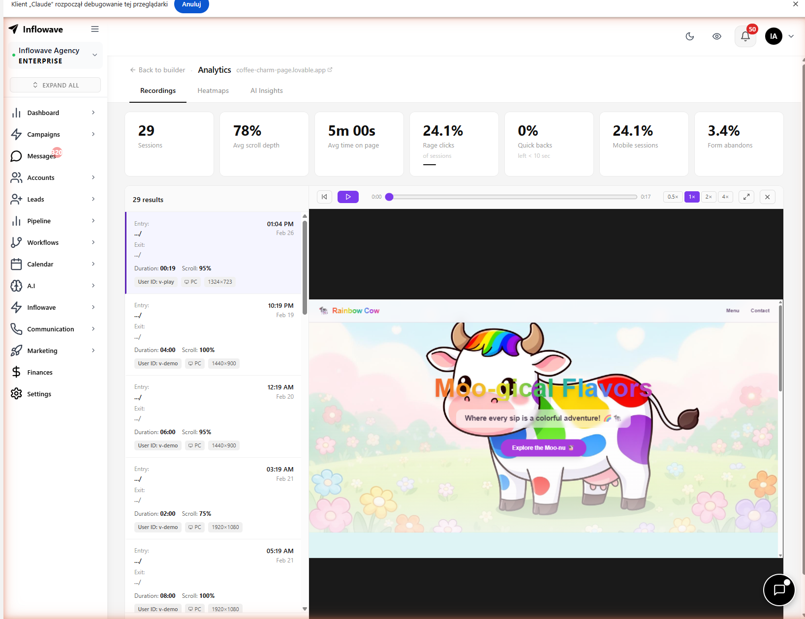 Inflowave website session replay player showing recorded visitor interaction