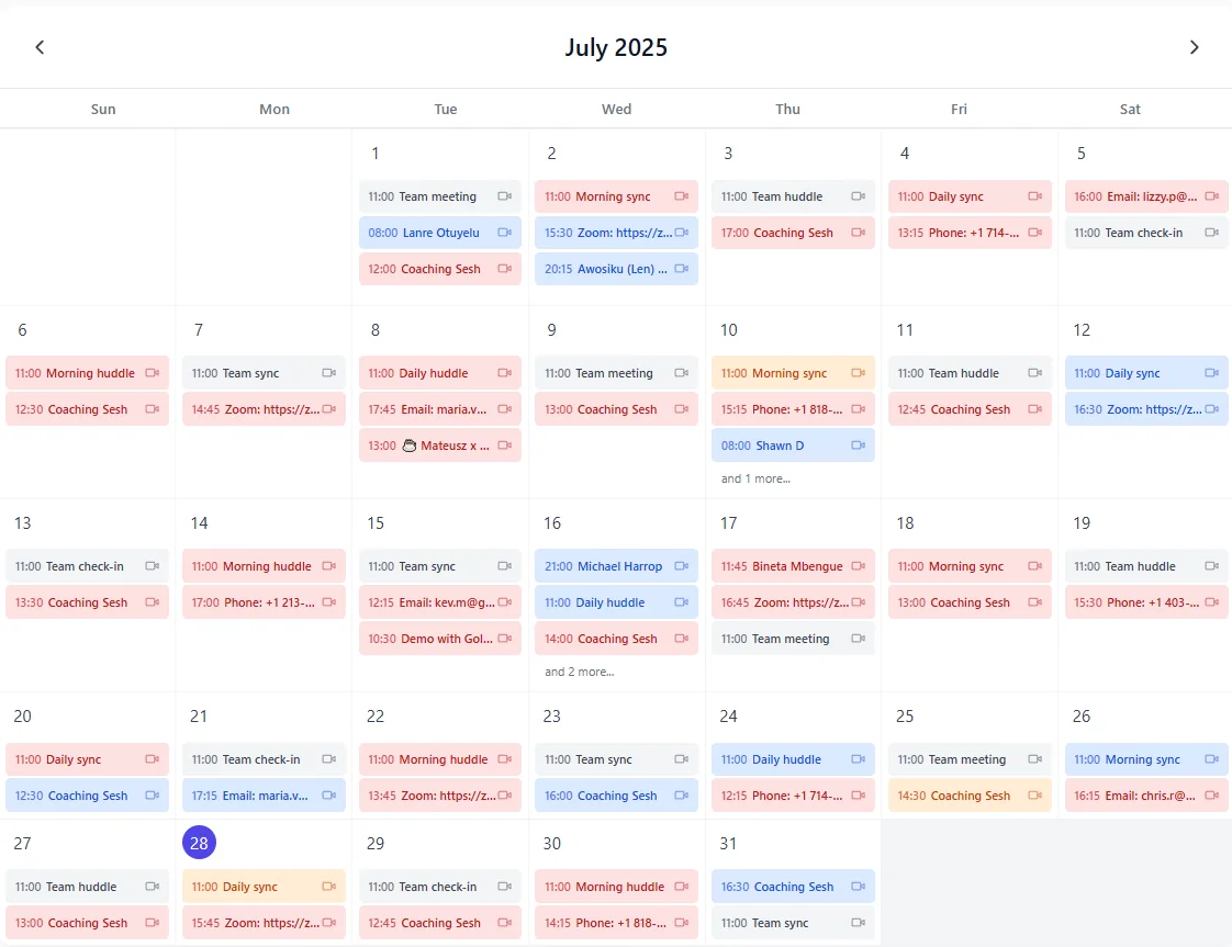 Inflowave month calendar view showing booked coaching sessions, Zoom meetings, phone calls and email follow-ups across the month