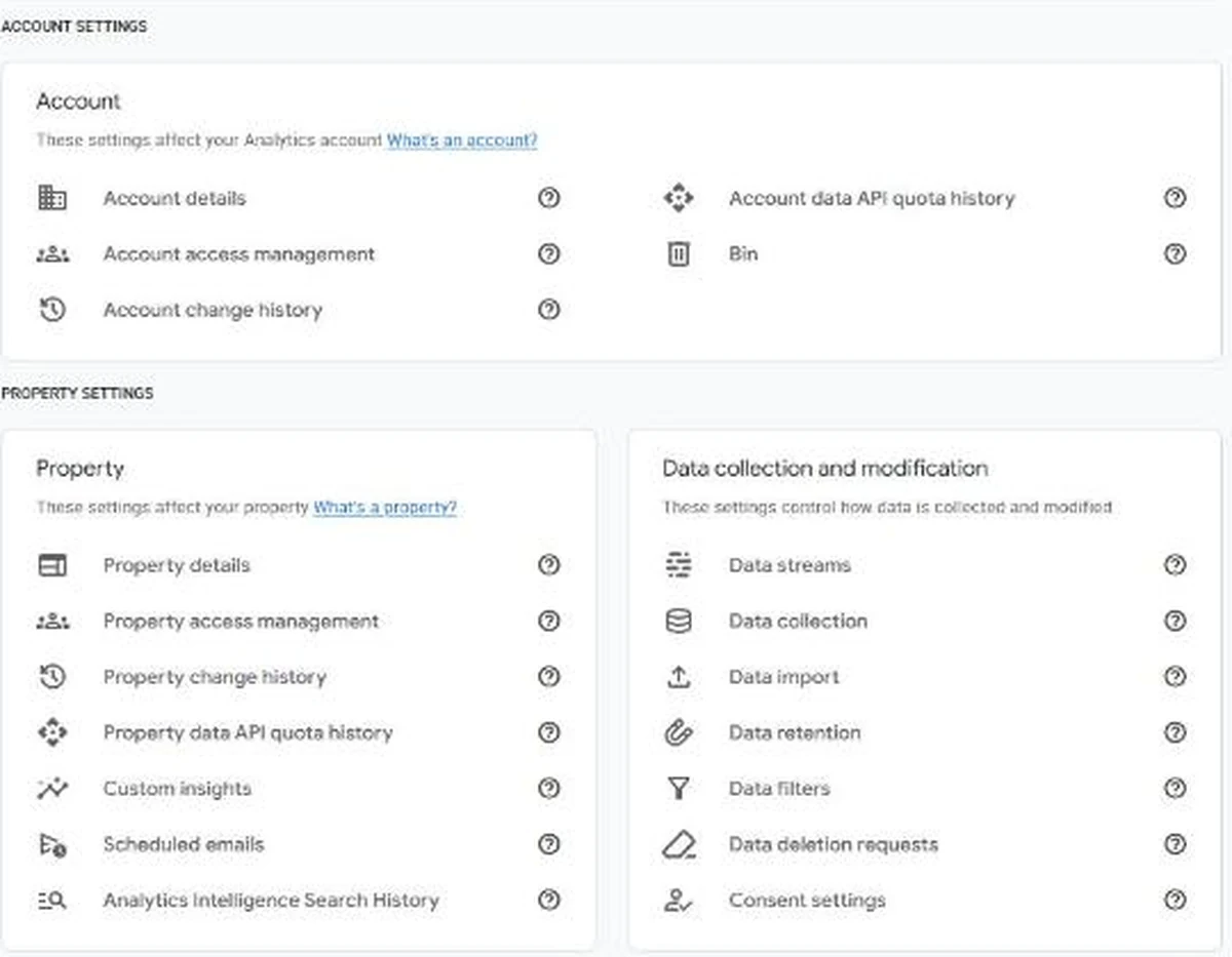 The GA4 Admin screen showing Account access management under Account settings and Property access management under Property settings