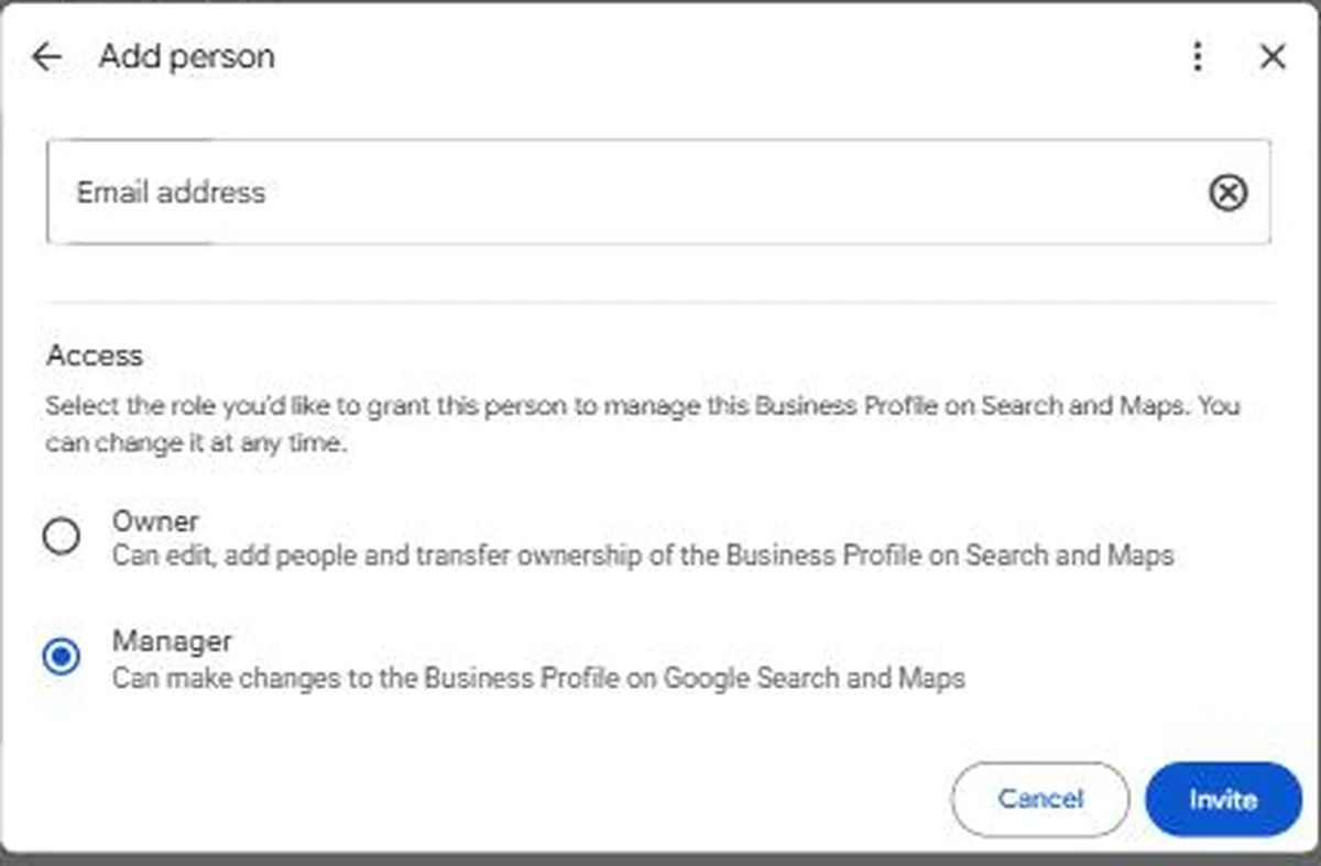 The Add person dialog showing an email field and the Owner and Manager access options