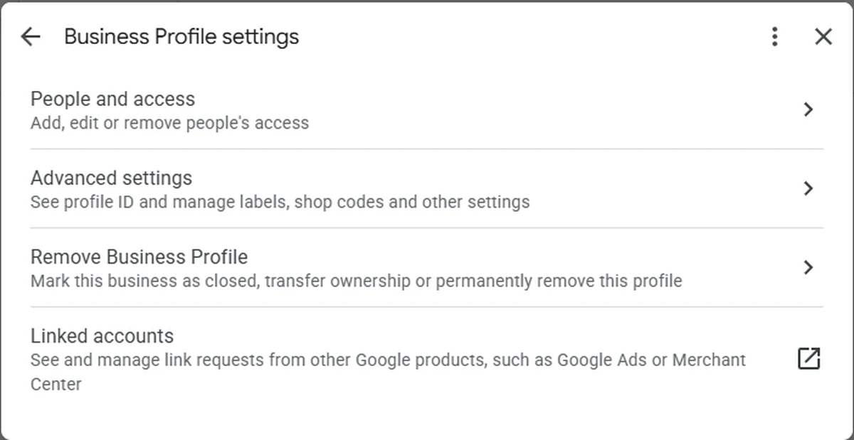 The Business Profile settings panel, where People and access sits alongside Advanced settings and Remove Business Profile