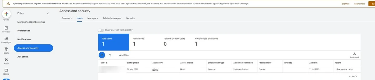 The Google Ads Access and security screen with its Summary, Users, Managers, Related managers and Security tabs