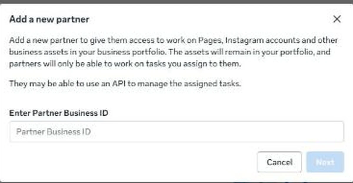 The Add a new partner dialog asking for a Partner Business ID