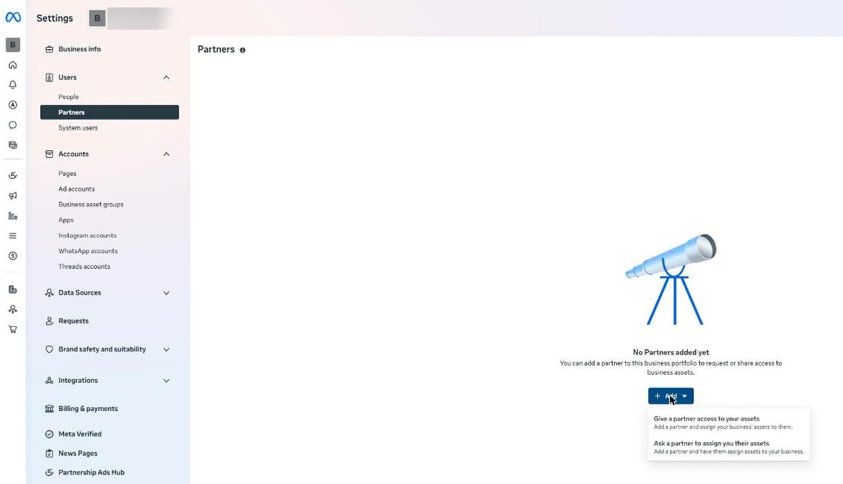 The Partners screen in Meta Business Suite settings with the Add dropdown open, showing both partner options