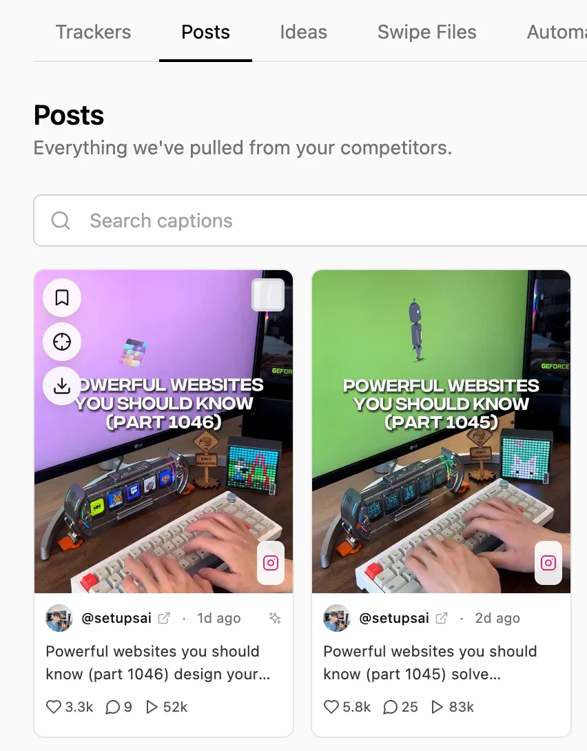 Inflowave competitor content spy showing tracked competitor posts with engagement figures