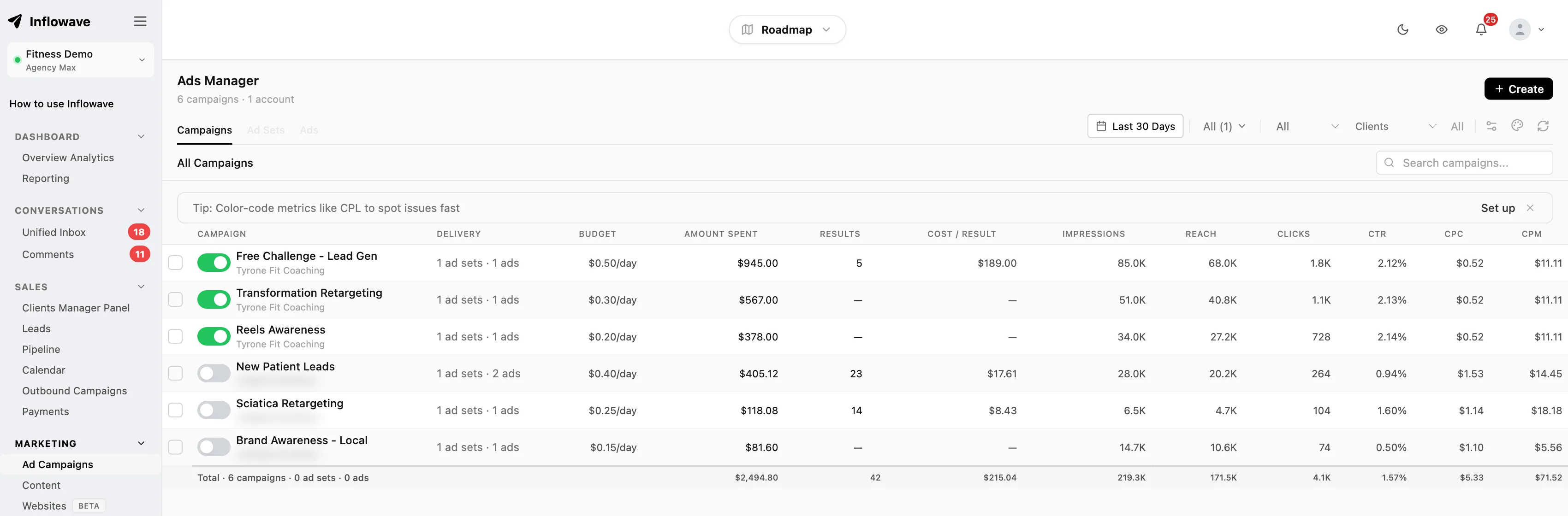 The Meta ads manager inside Inflowave listing campaigns with spend, clicks, landing page views and leads