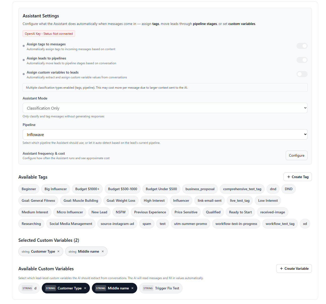 Inflowave AI assistant configuration and setup interface