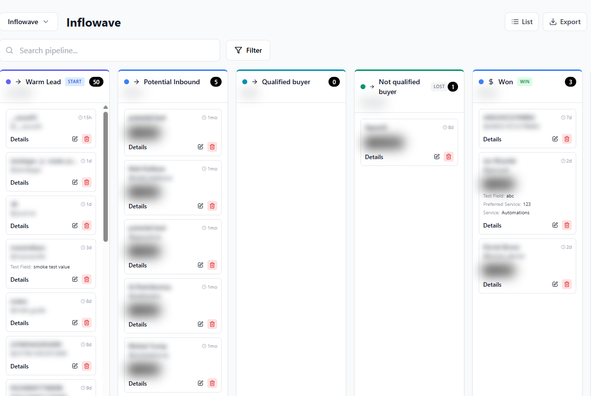 Inflowave Instagram sales pipeline Kanban board showing deals by stage