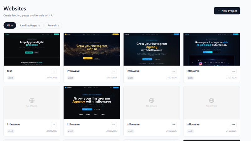 Inflowave AI Website Builder - overview of all websites and landing pages