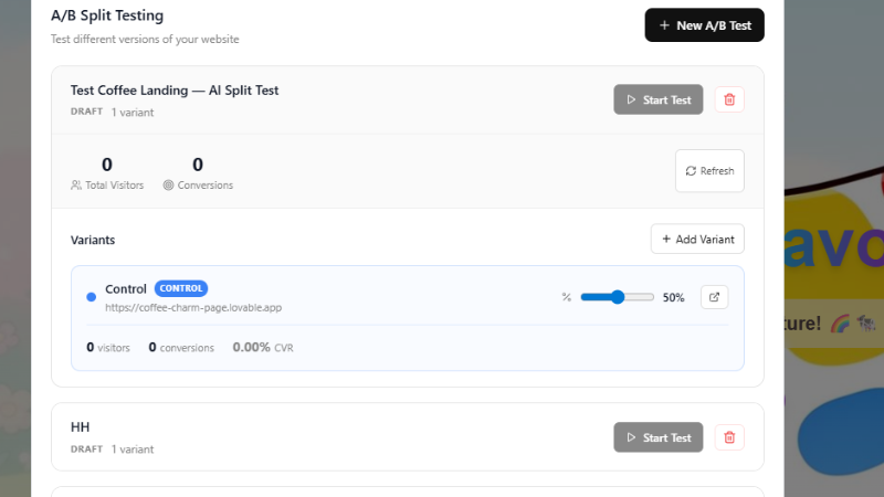 AI website builder interface showing page creation