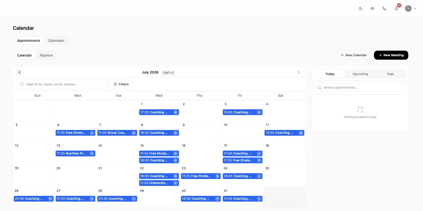 A month of bookings in the Inflowave calendar, each entry showing the time, the meeting type and the attendee