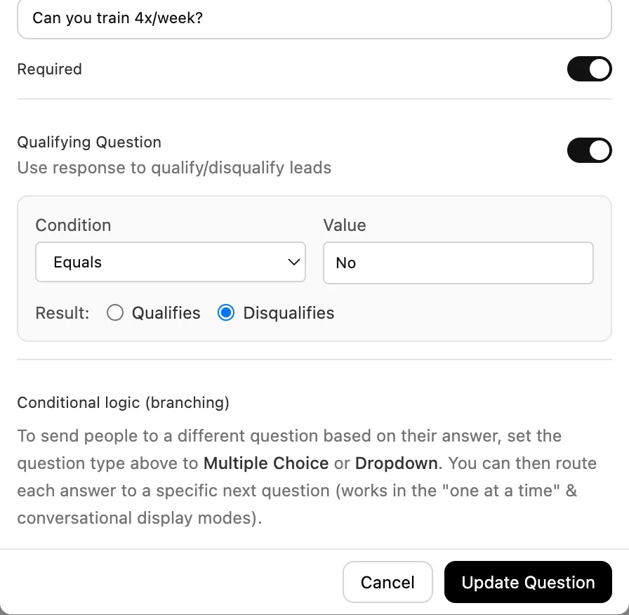 A booking form question asking whether the lead can train four times a week, marked as a qualifying question, with a rule set so that answering no disqualifies them