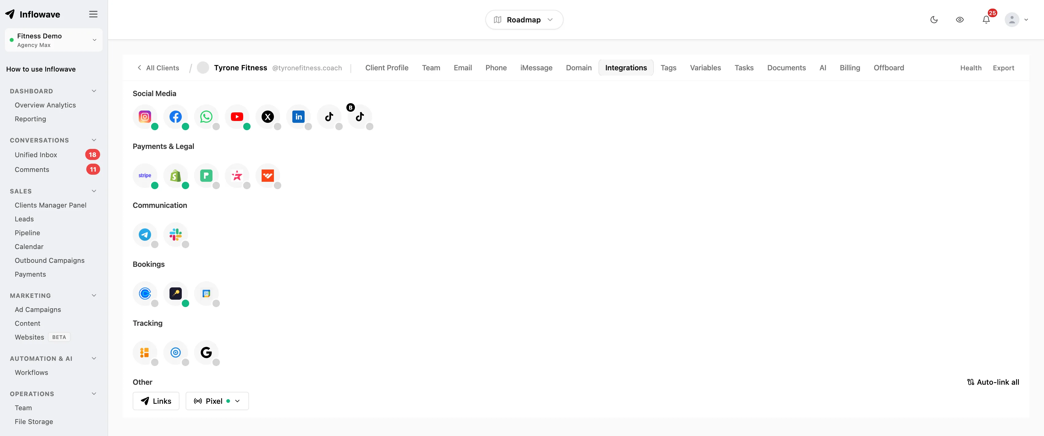 Inflowave client record with the Integrations tab open, showing per-client connections for Instagram, Facebook, WhatsApp, YouTube, LinkedIn, TikTok, Stripe, Shopify, Slack and Google alongside tabs for team, email, phone, domain, tags, tasks and offboarding