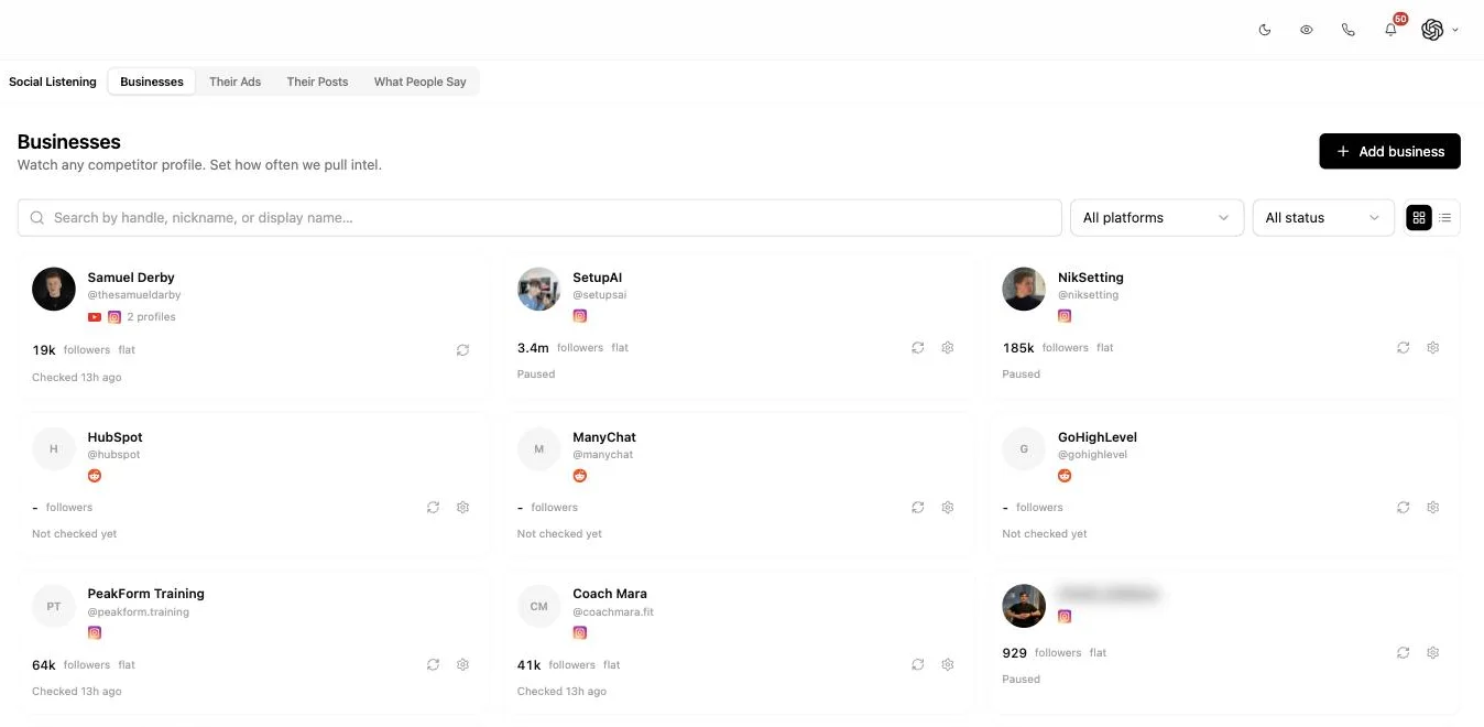 A grid of watched competitor profiles in Inflowave, each card showing the handle, platform, follower count, follower trend and when it was last checked