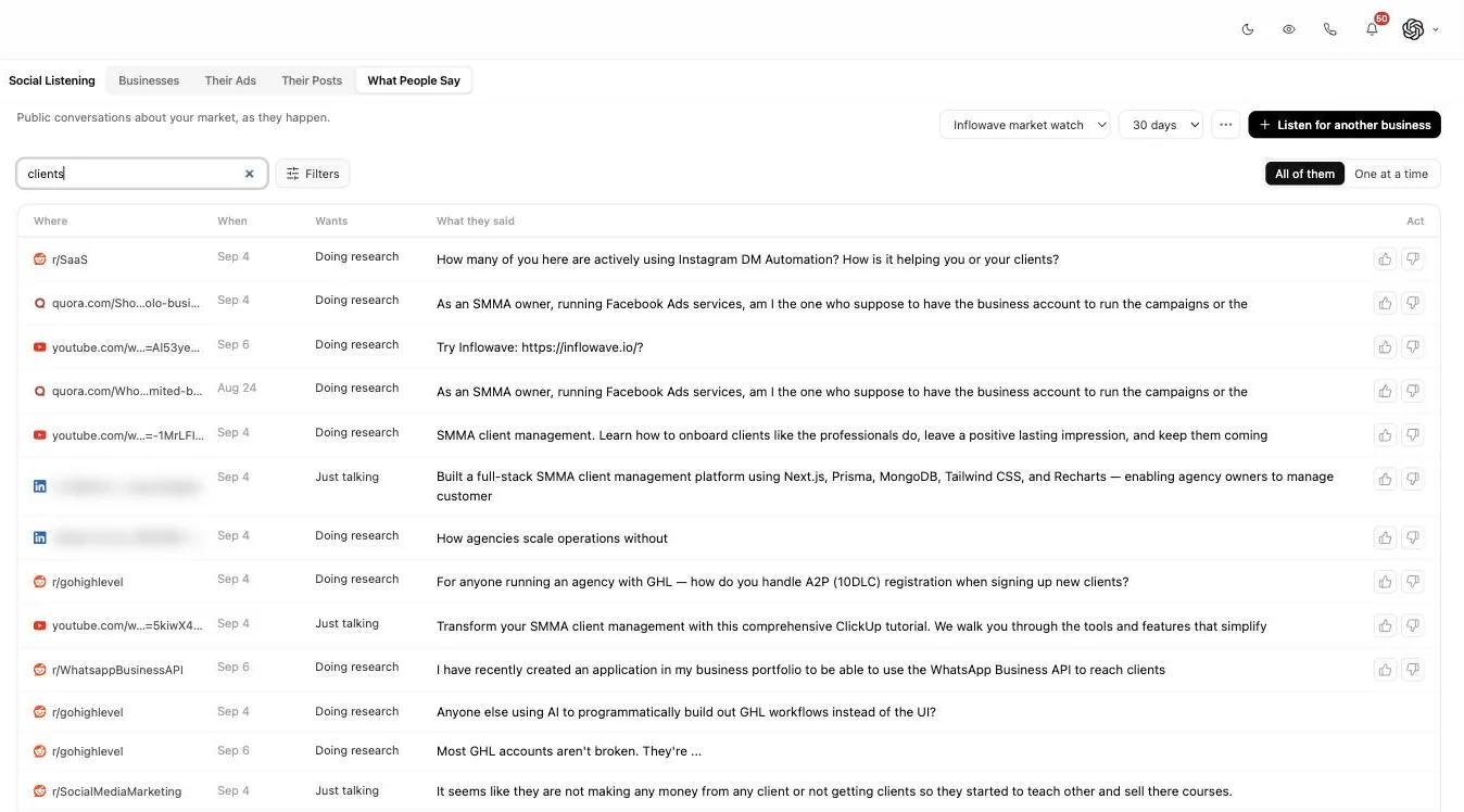 A table of public conversations in Inflowave, each row showing where it was posted, when, what the person wants, what they said, and whether it has been replied to