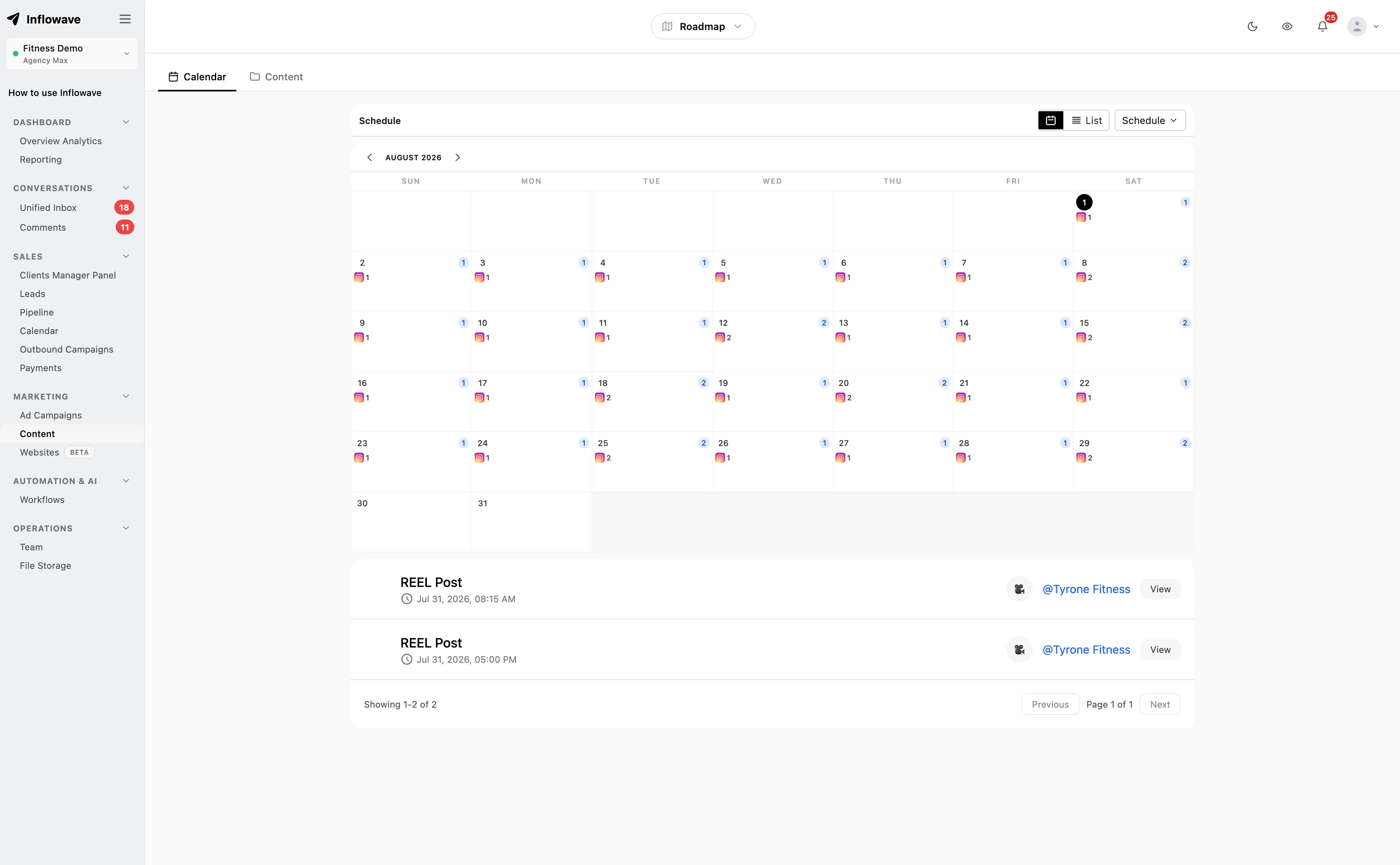 Inflowave content calendar showing a month of scheduled Instagram posts for a single client workspace, with per-day post counts and a list of upcoming Reel posts for one account