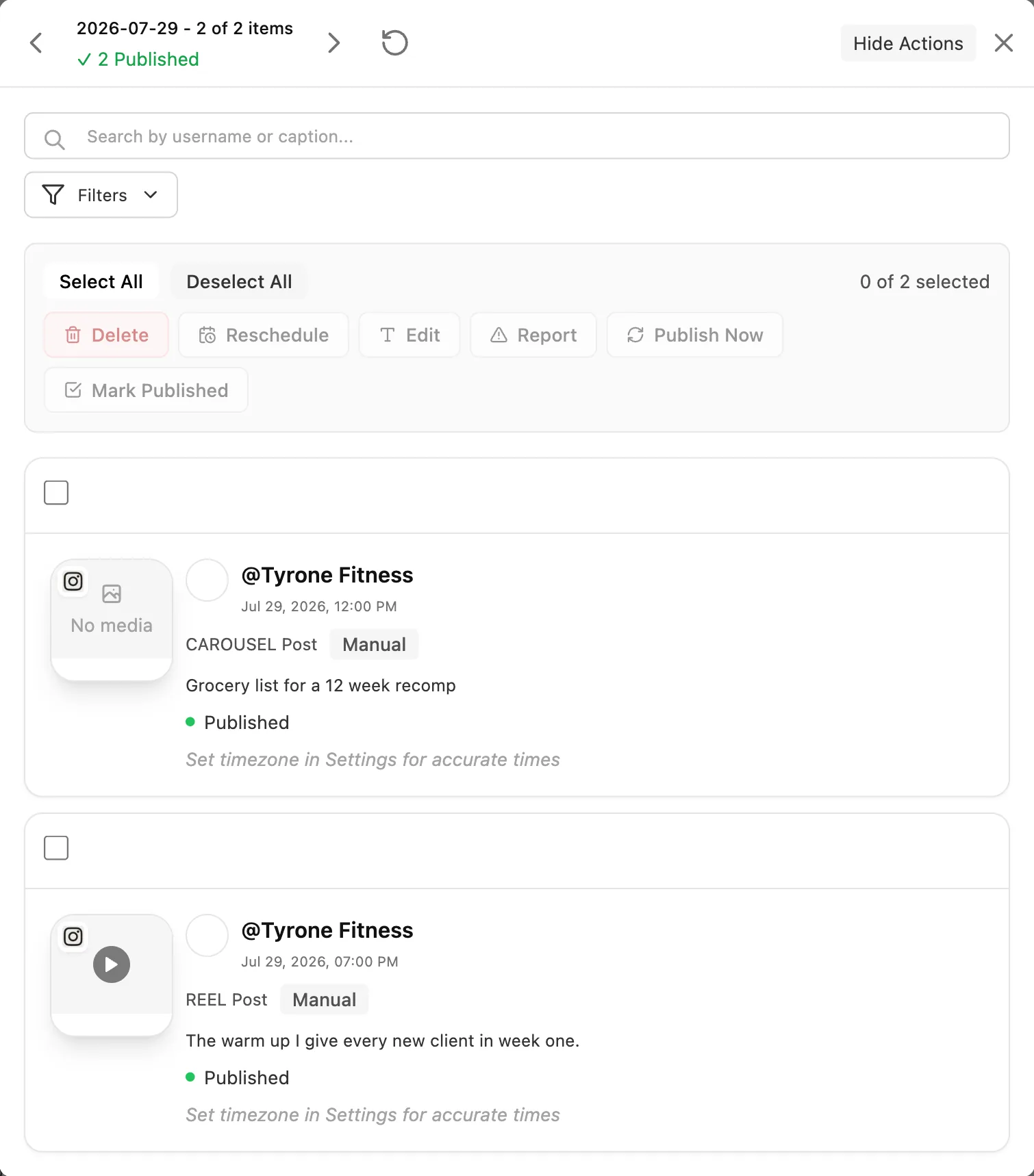 A single day opened from the content calendar, listing each post with its time, format and caption