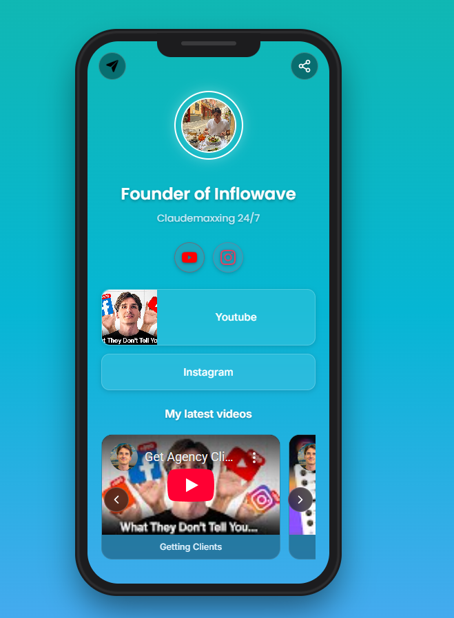 Inflowave Links mobile bio page showing multiple links organized with brand styling