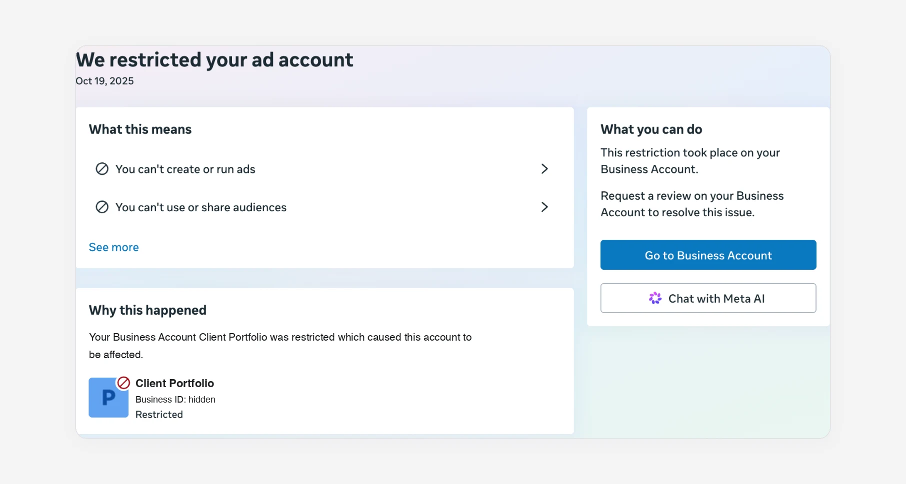 An ad account restricted only because the business portfolio it sits in was restricted. The fix is on the portfolio.