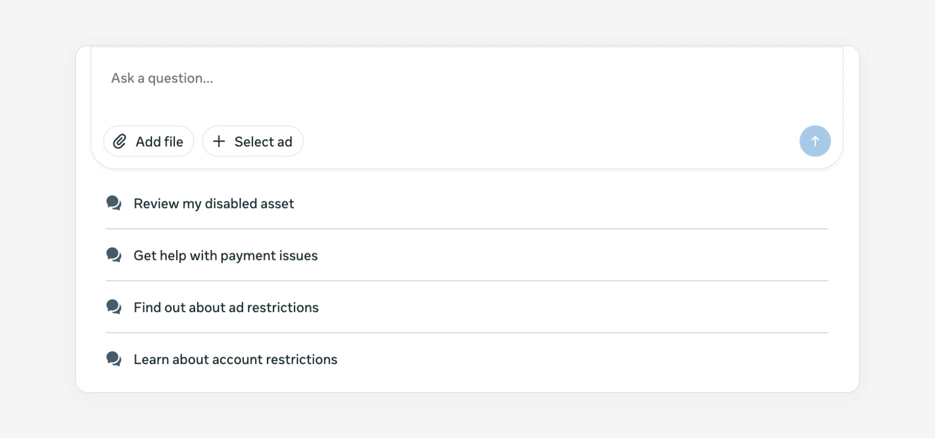 The Meta AI assistant at the top of Business Support Home, with shortcuts for disabled assets, payment issues and restrictions.