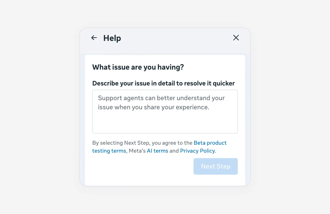 Contact support asks you to describe the issue in detail before showing the options available to you.