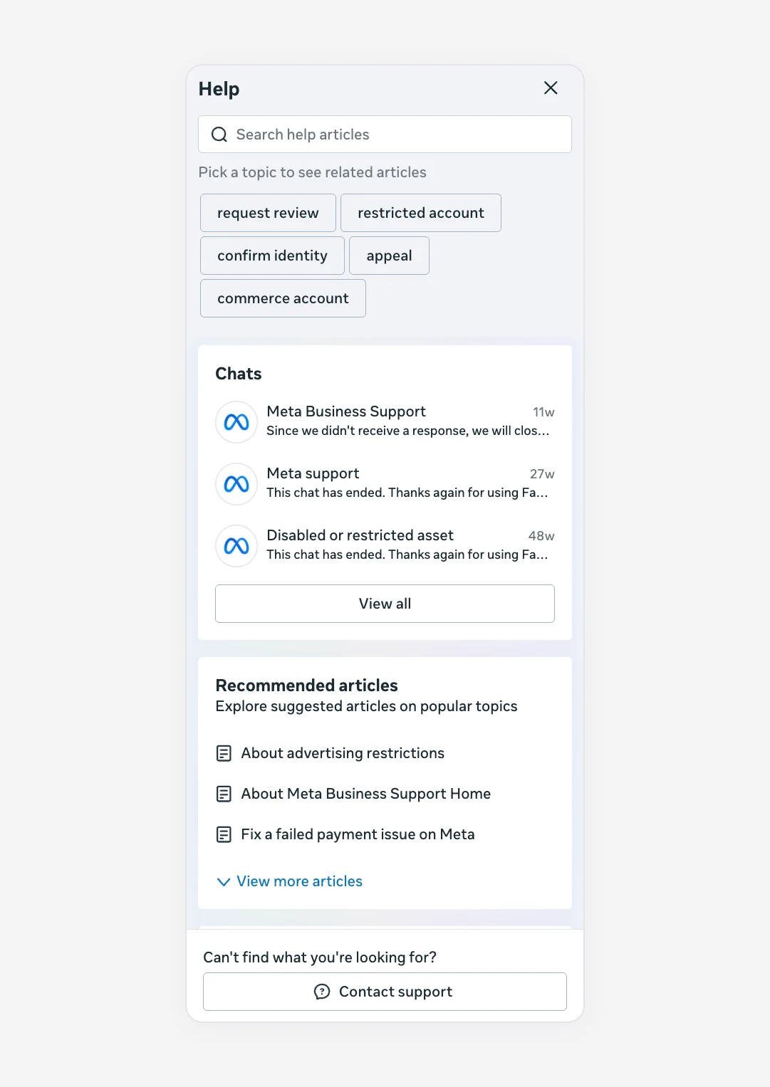 The Help panel in Business Support Home: previous support chats, recommended articles, and Contact support at the bottom.