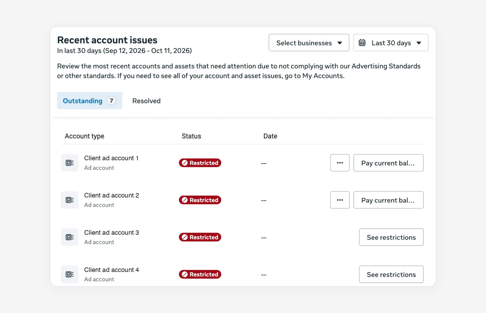 Business Support Home lists every restricted asset. Pay current balance means a billing block, See restrictions means a policy decision.