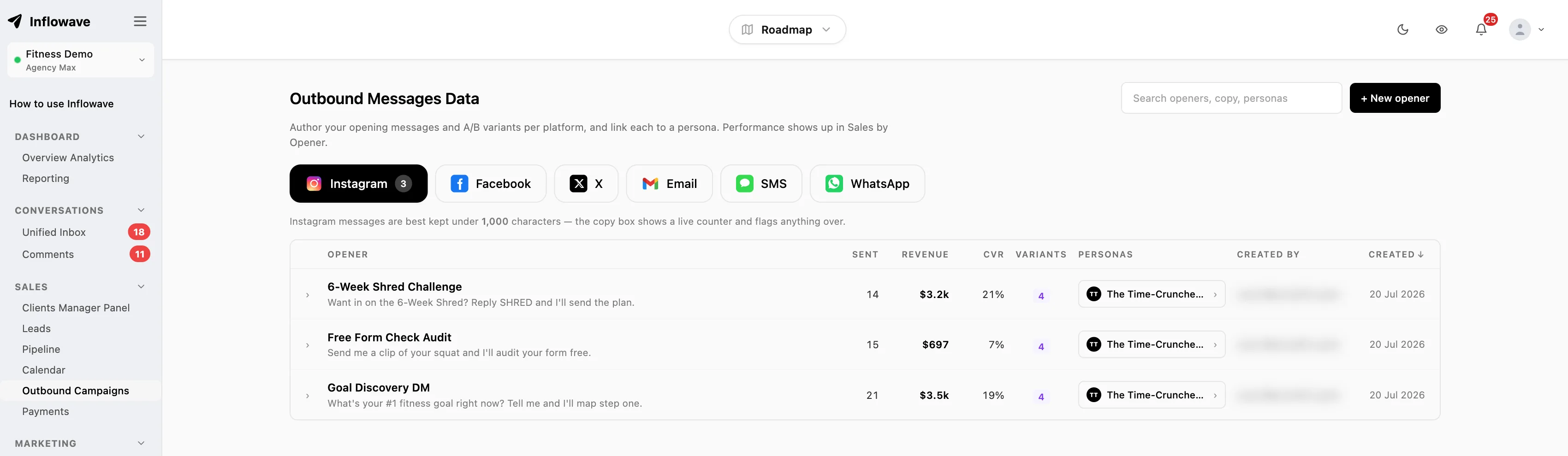 Inflowave outbound messages screen listing three Instagram opening messages, each with the number sent, the revenue behind it, its conversion rate and how many variants it has