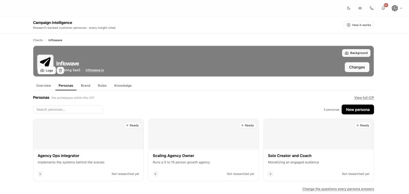 The personas tab for a client in Inflowave, showing three archetype cards each with a name and a one-line description of where that buyer is in their thinking
