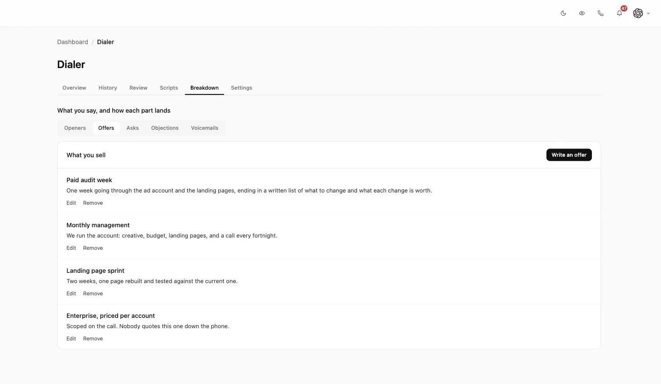 An offer library in Inflowave listing four written offers, each with a short description of what the client actually gets
