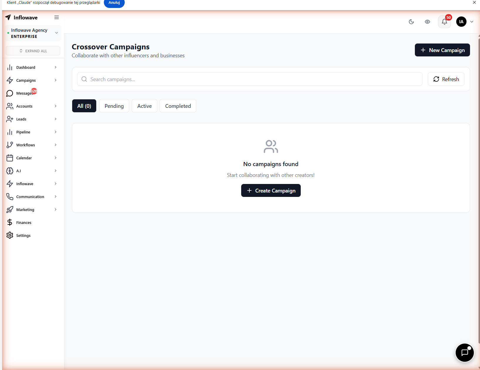 Inflowave Crossover Campaigns list, run coordinated campaigns across multiple Instagram accounts