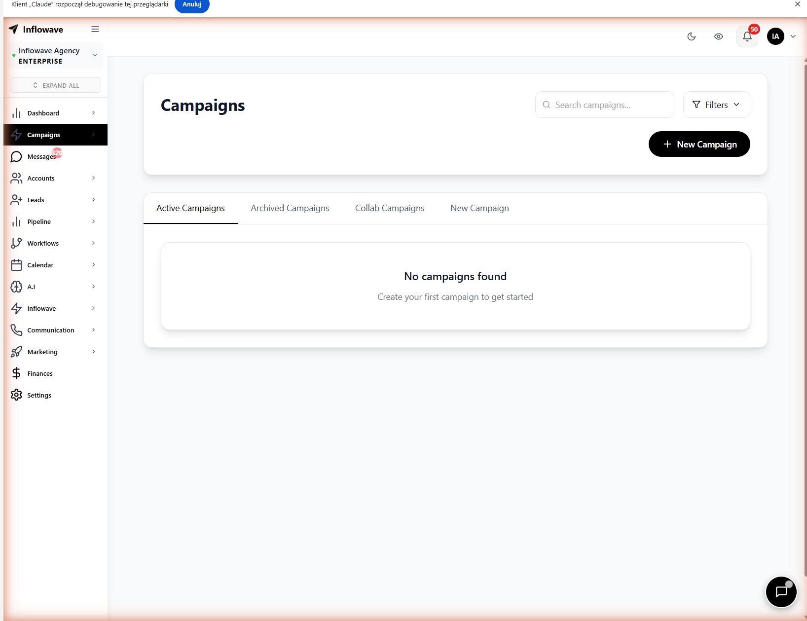 Inflowave campaigns dashboard, active Instagram lead generation campaigns