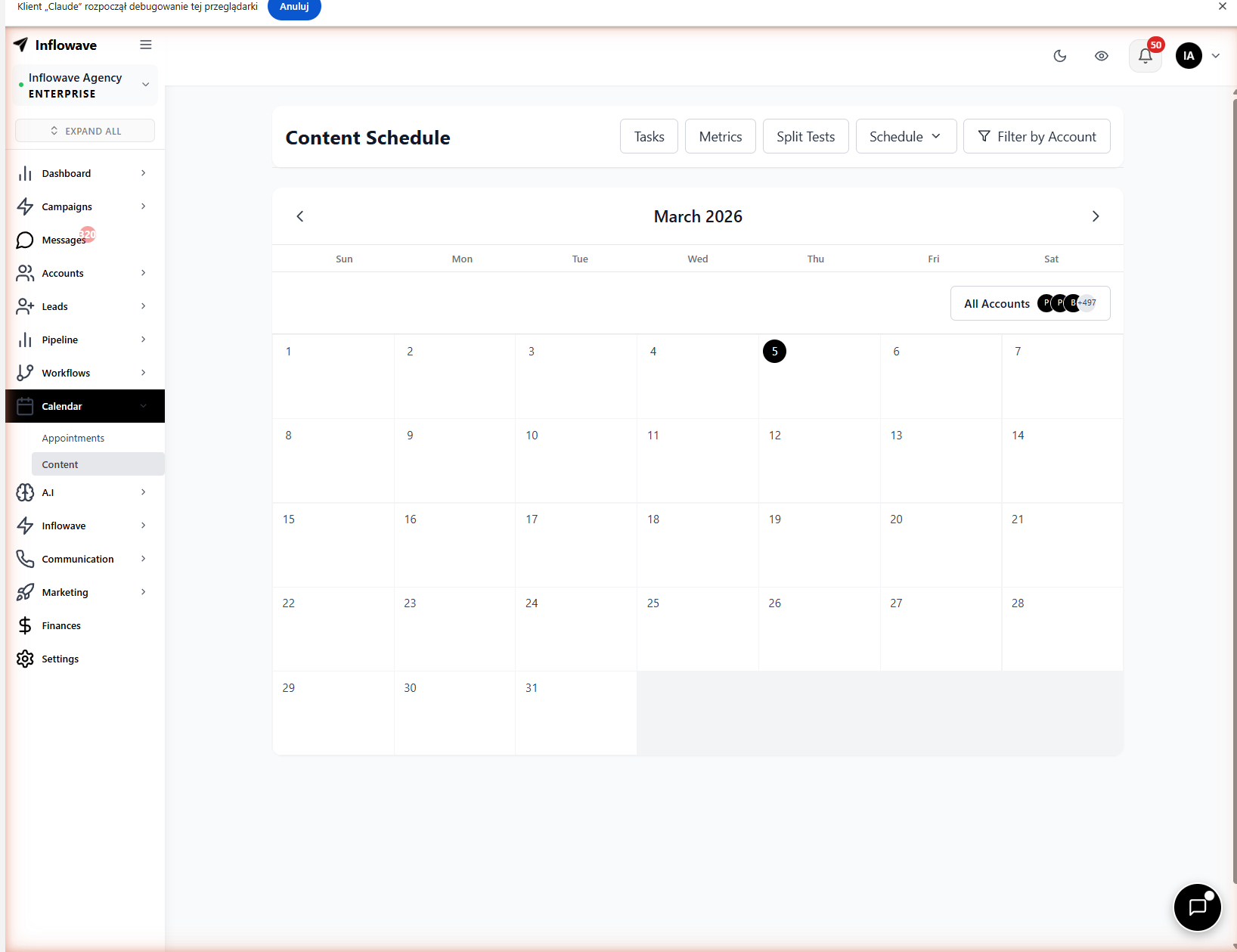 Inflowave content scheduling calendar, plan and schedule posts across all client Instagram accounts