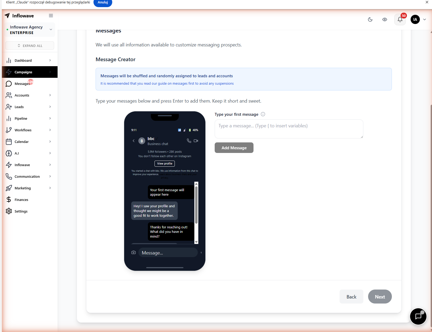 Inflowave campaign creation, AI message creator for Instagram DM lead generation flows
