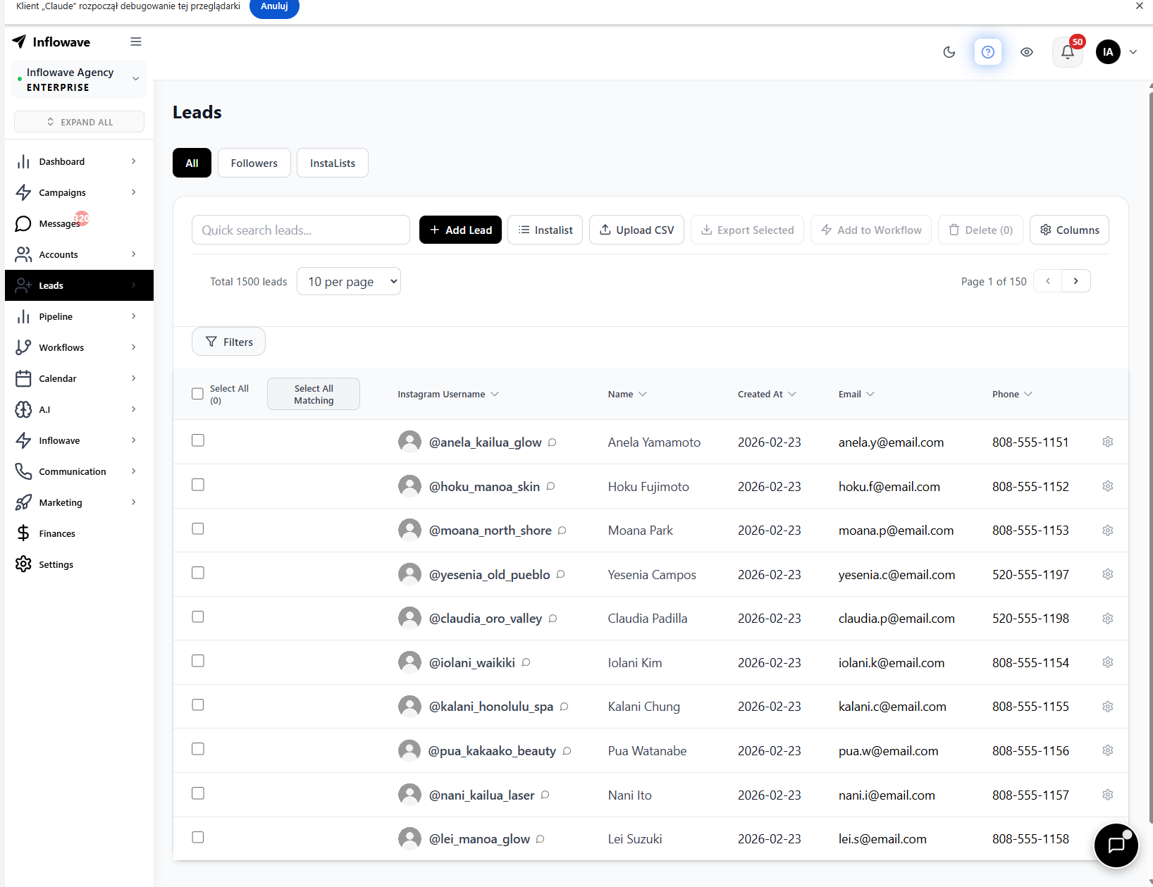 Inflowave leads filtered by status and industry, segment Instagram contacts for targeted follow-up