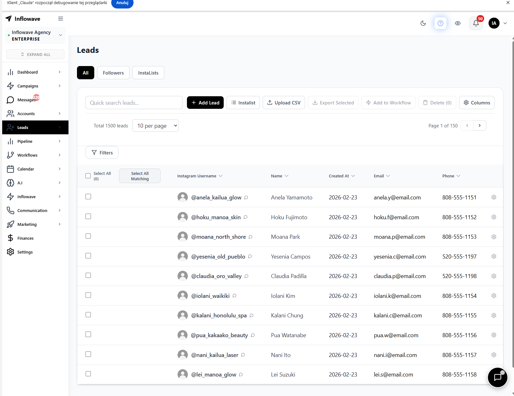 Inflowave leads list view, full contact database captured from Instagram interactions