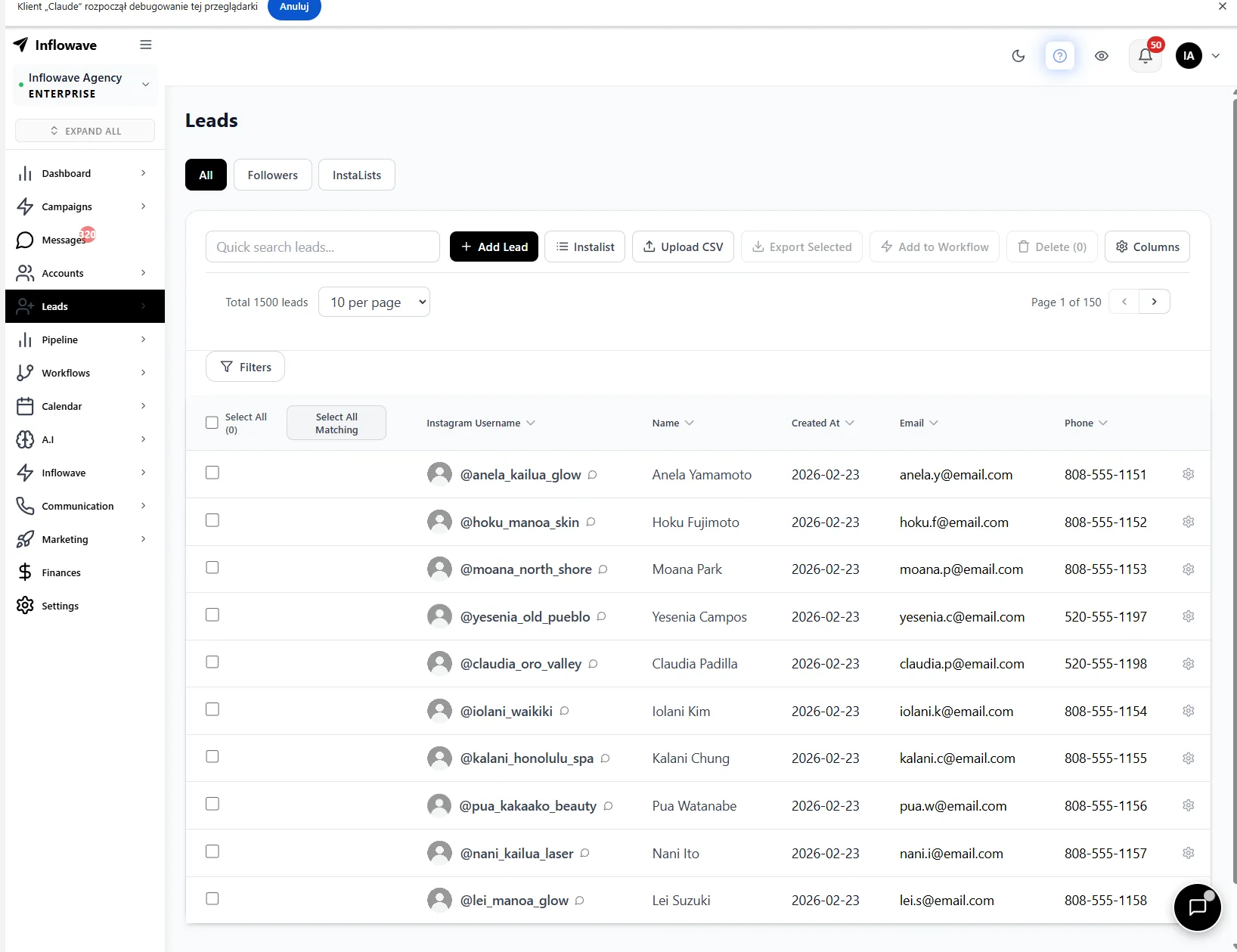 Inflowave leads dashboard - Instagram contacts captured automatically, unlike Zoho's manual entry