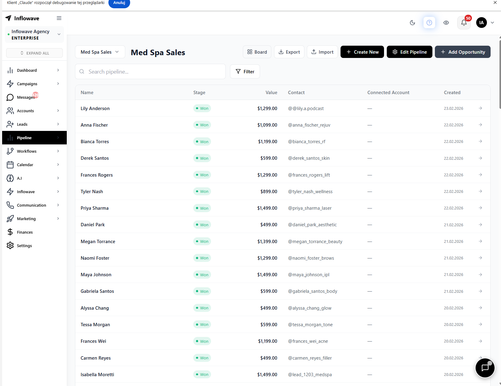 Inflowave CRM pipeline, manage Instagram leads from DM to closed deal