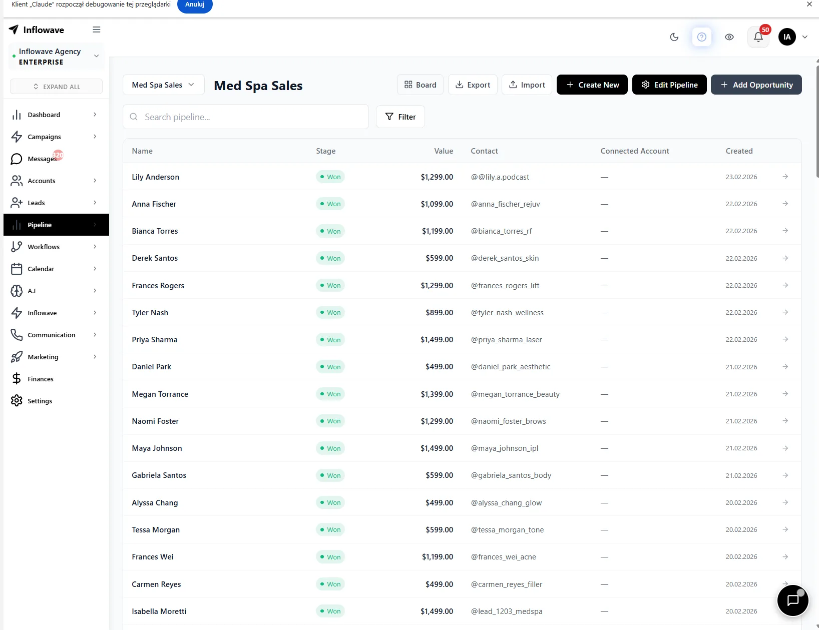 Inflowave CRM pipeline - built natively for Instagram, unlike HubSpot