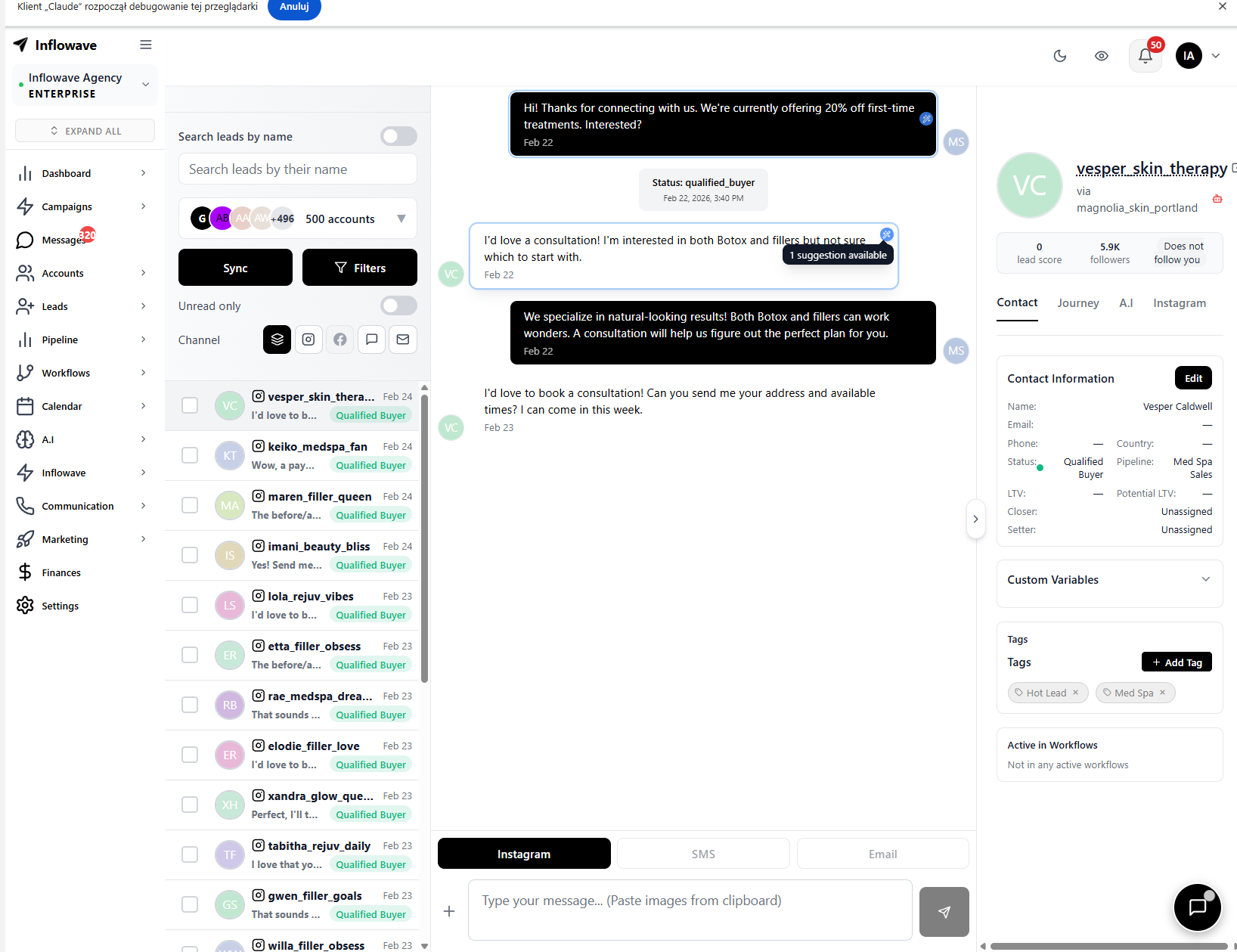 Inflowave unified inbox showing AI reply suggestions alongside real conversations