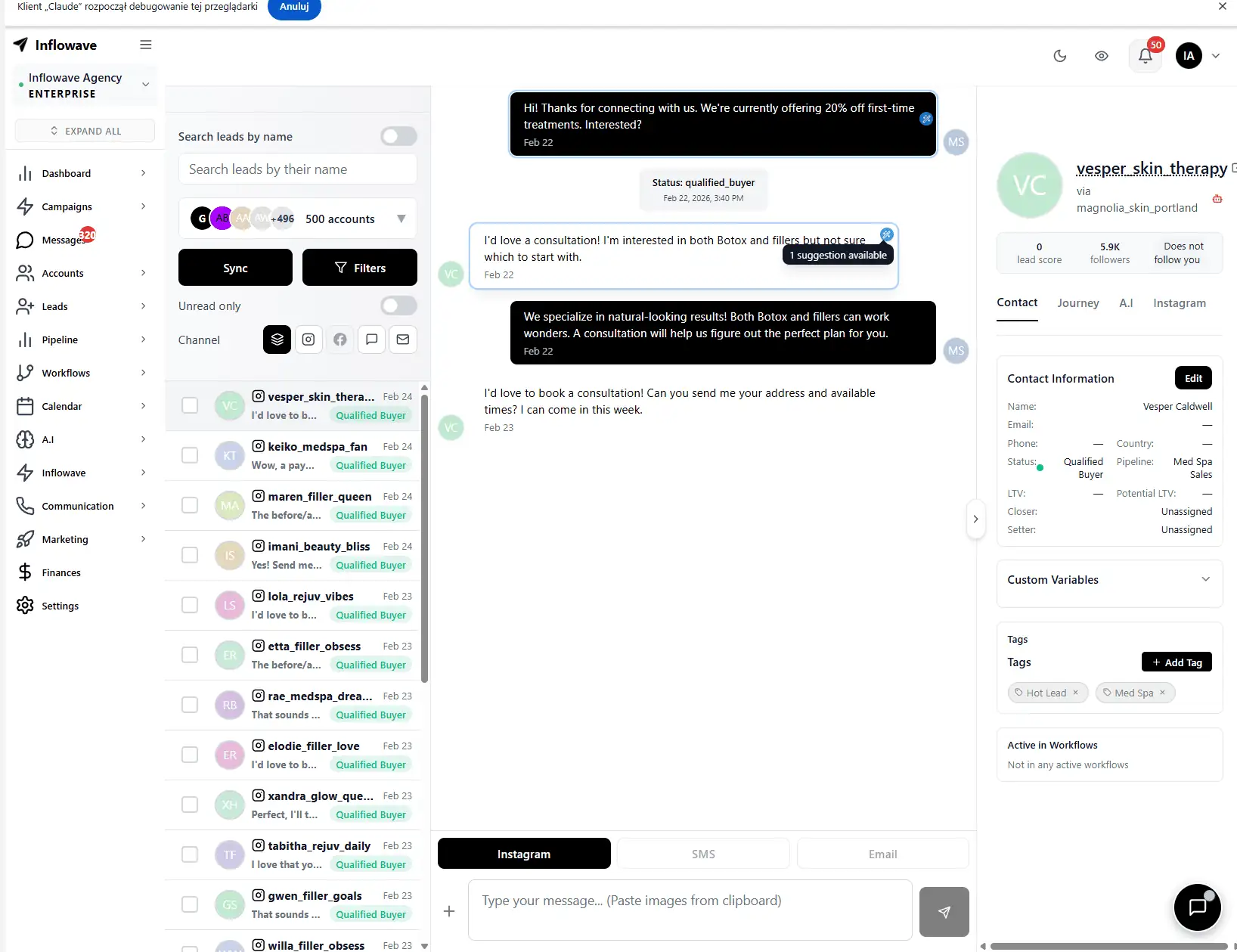 Inflowave unified inbox showing an AI-suggested reply to an Instagram DM that came from a scheduled post