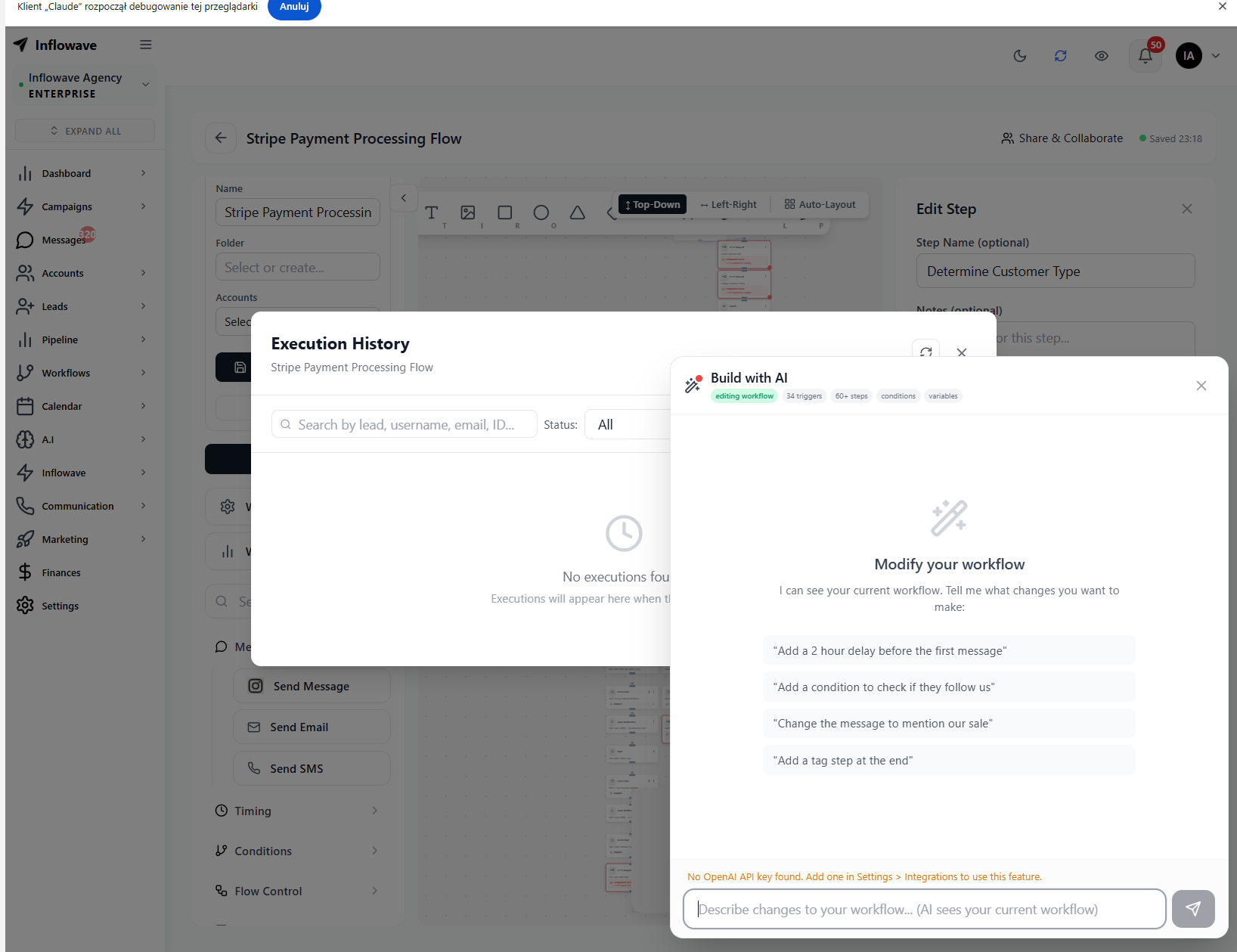 Inflowave AI workflow builder overlay showing AI-generated automation suggestions