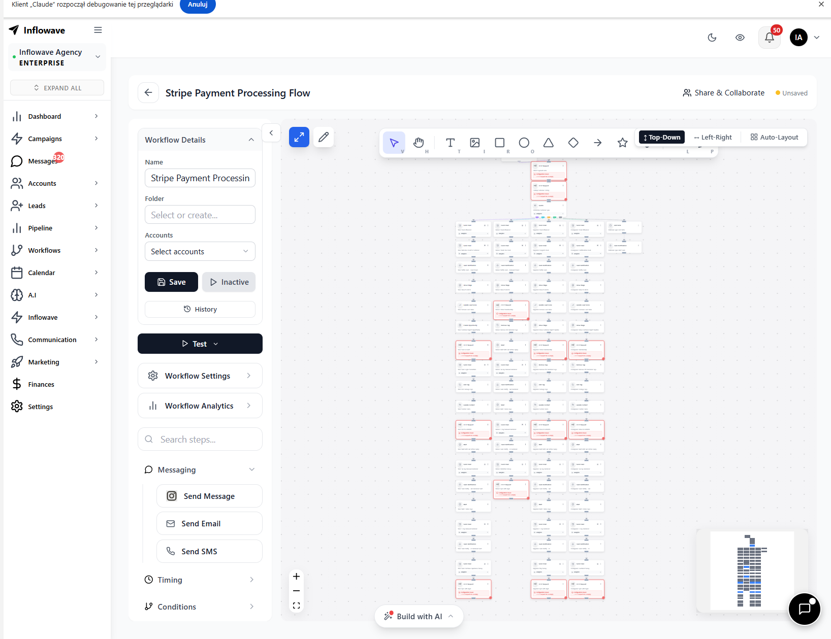 Inflowave visual workflow builder showing a multi-step Instagram automation with trigger and action nodes
