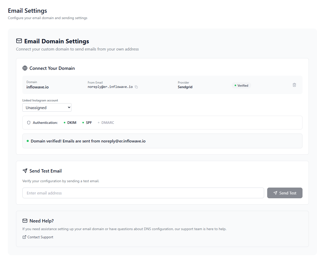 Inflowave email settings and configuration interface