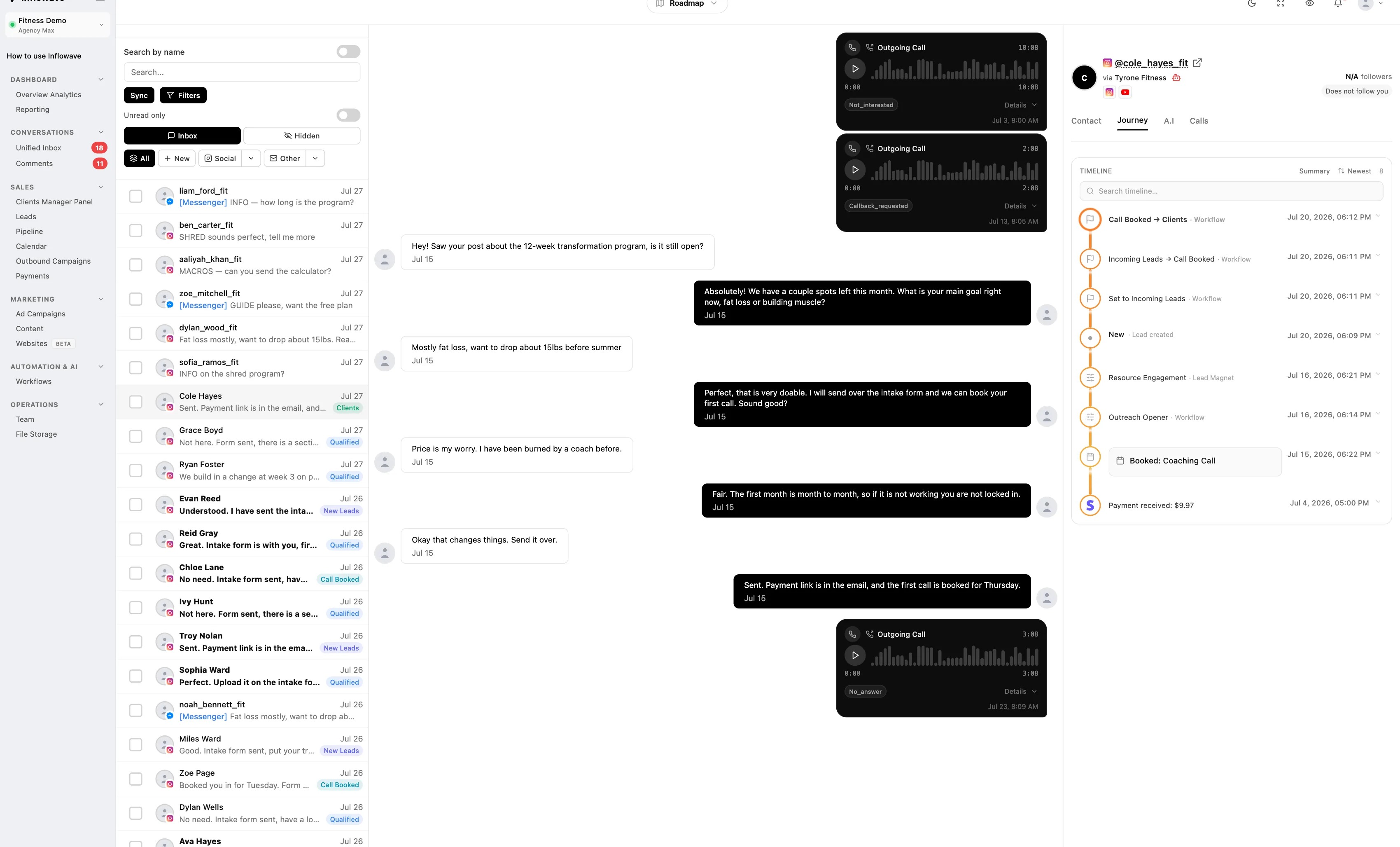 An Inflowave conversation with the journey panel open beside it, showing the booked coaching call and a payment received with the payment provider marked against it