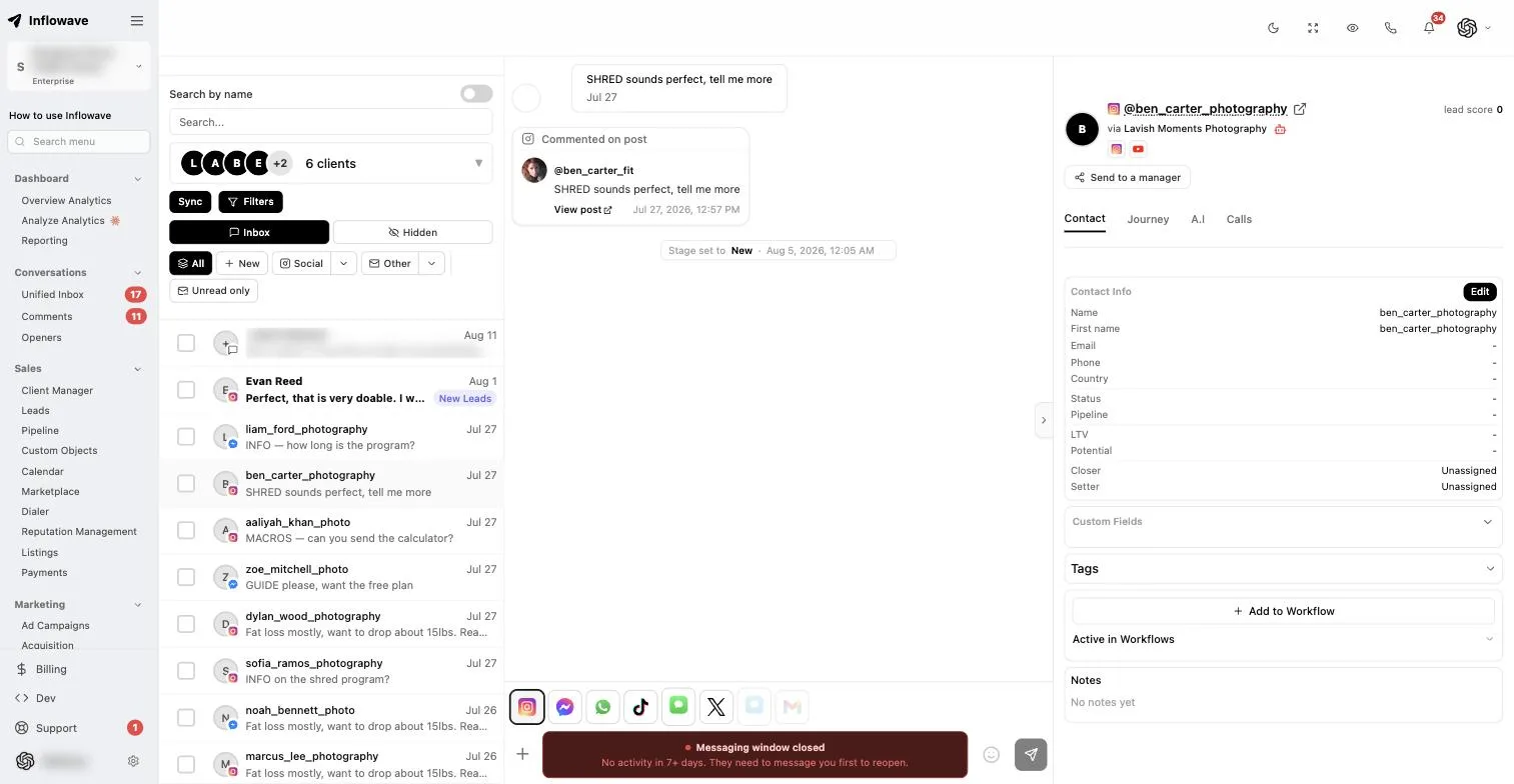 The Inflowave unified inbox with the conversation list scoped to several client accounts, an open thread in the middle, and the contact panel on the right showing lead score, journey, AI and calls tabs