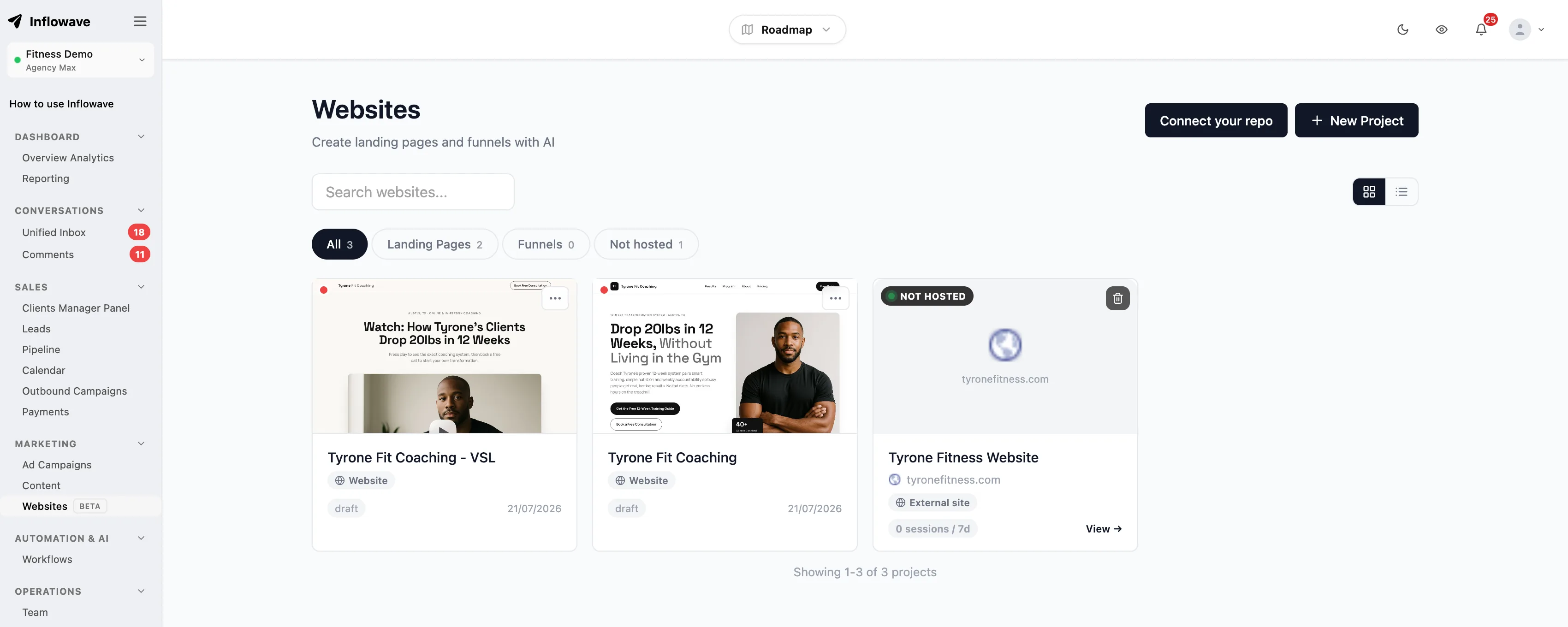 The websites project grid in Inflowave showing landing pages and funnels with their publish status